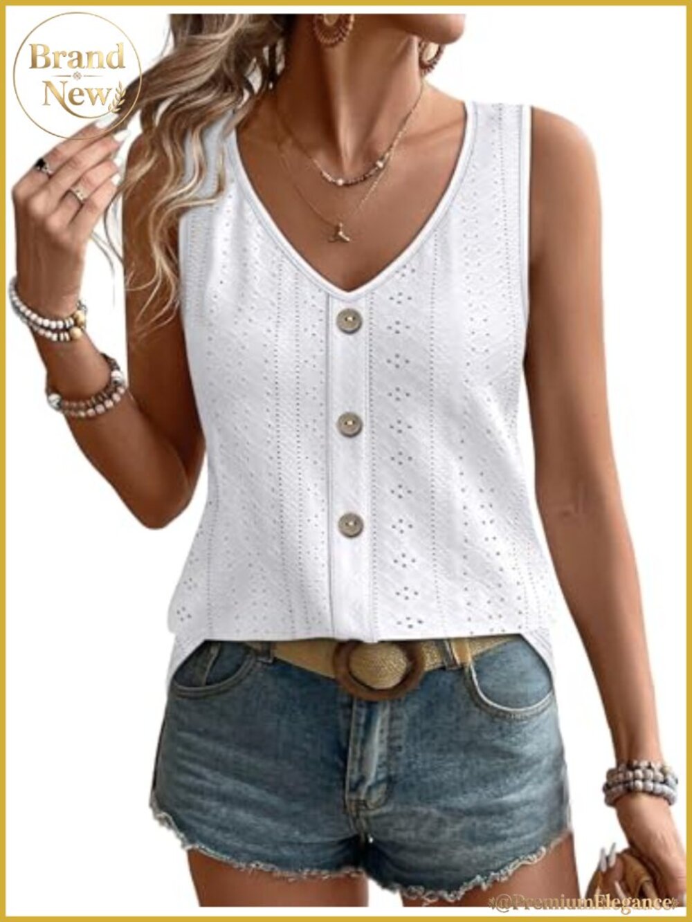 Women's Eyelet V-Neck Sleeveless Tank Top Loose Casual Summer